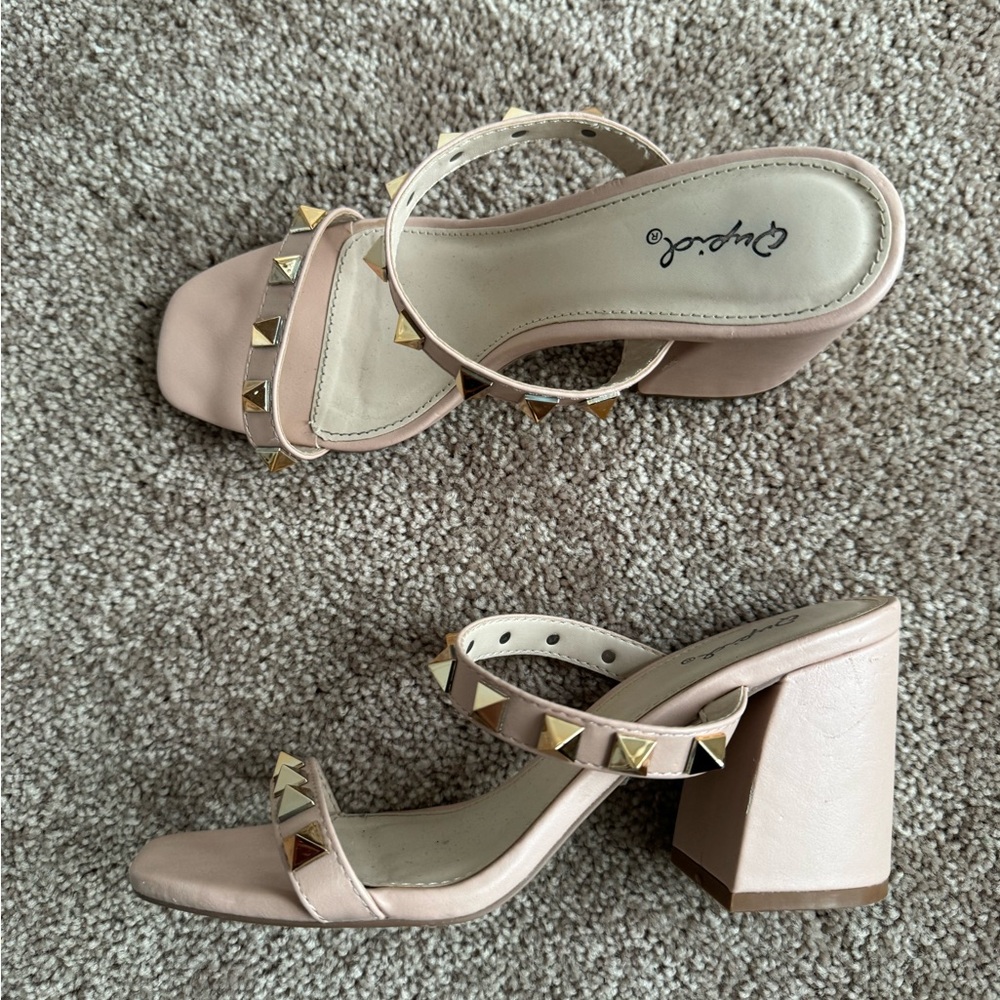 Tan Rhinestone Block Heels - Picture 2 of 3